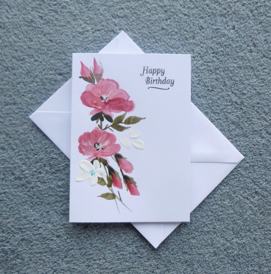 hand painted floral Birthday card ( ref F 391.D3 )