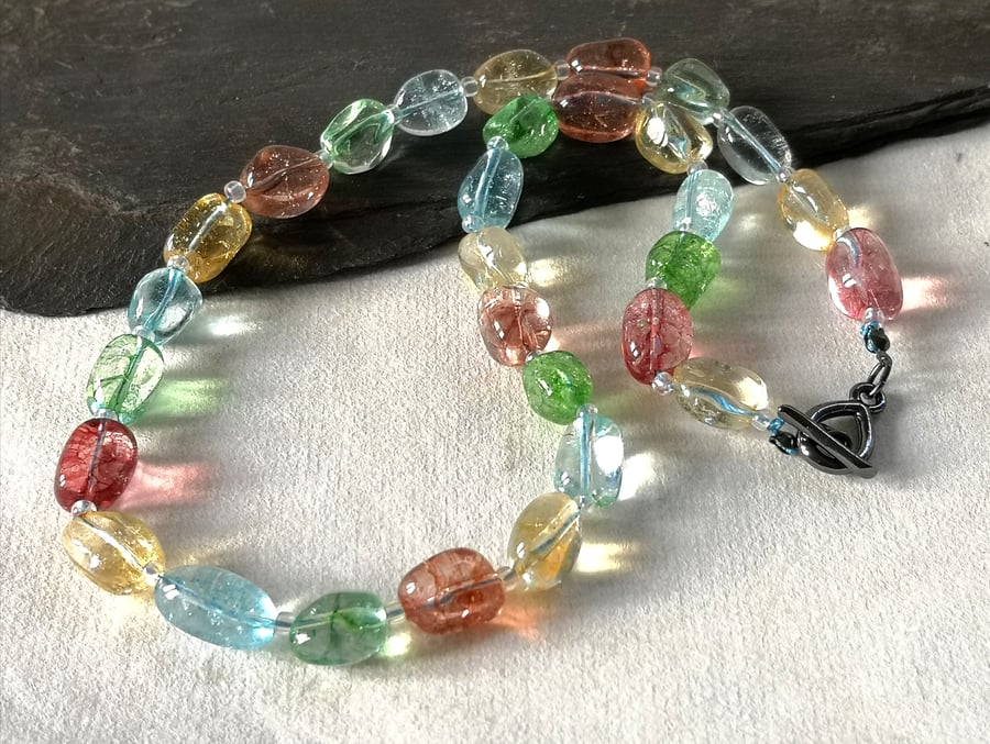 Multicoloured quartz semi precious nugget bead necklace