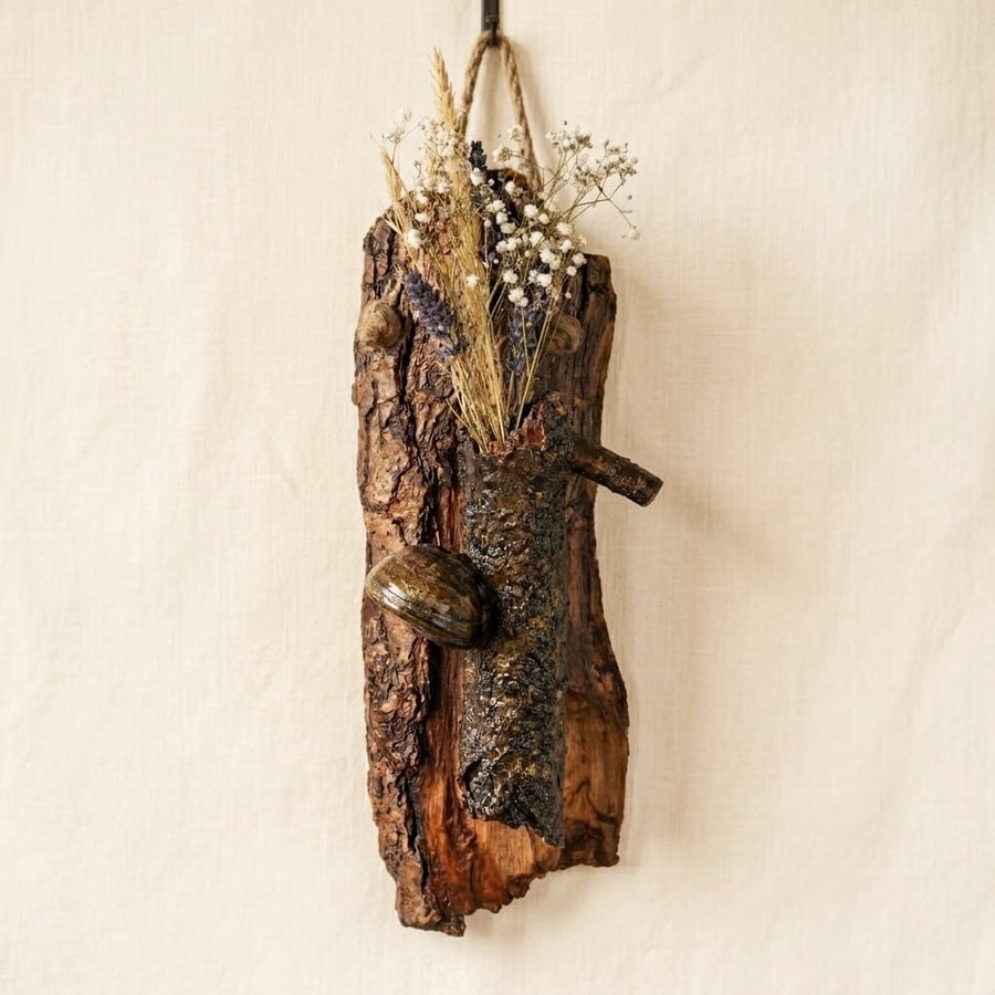 Tree Bark Wall Vase with Dried Flowers, Natural Wood Log Pocket with Mushroom