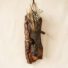 Tree Bark Wall Vase with Dried Flowers, Natural Wood Log Pocket with Mushroom
