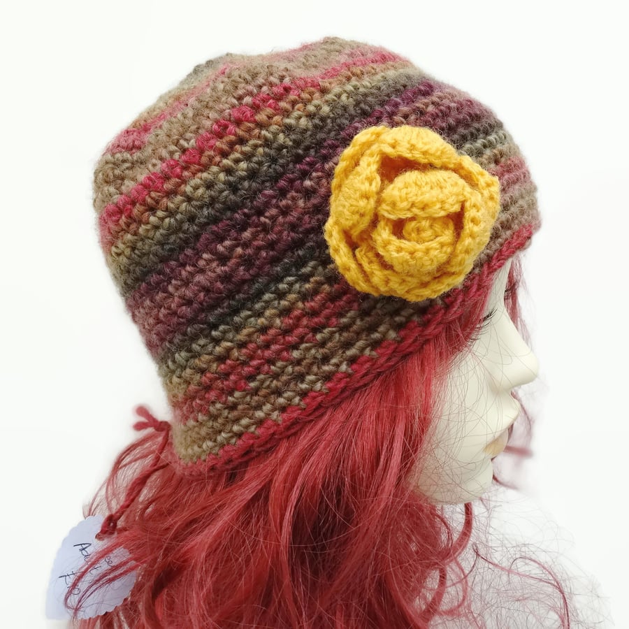 Adult Crochet Hat with Flower Detail Brown Yellow Mustard