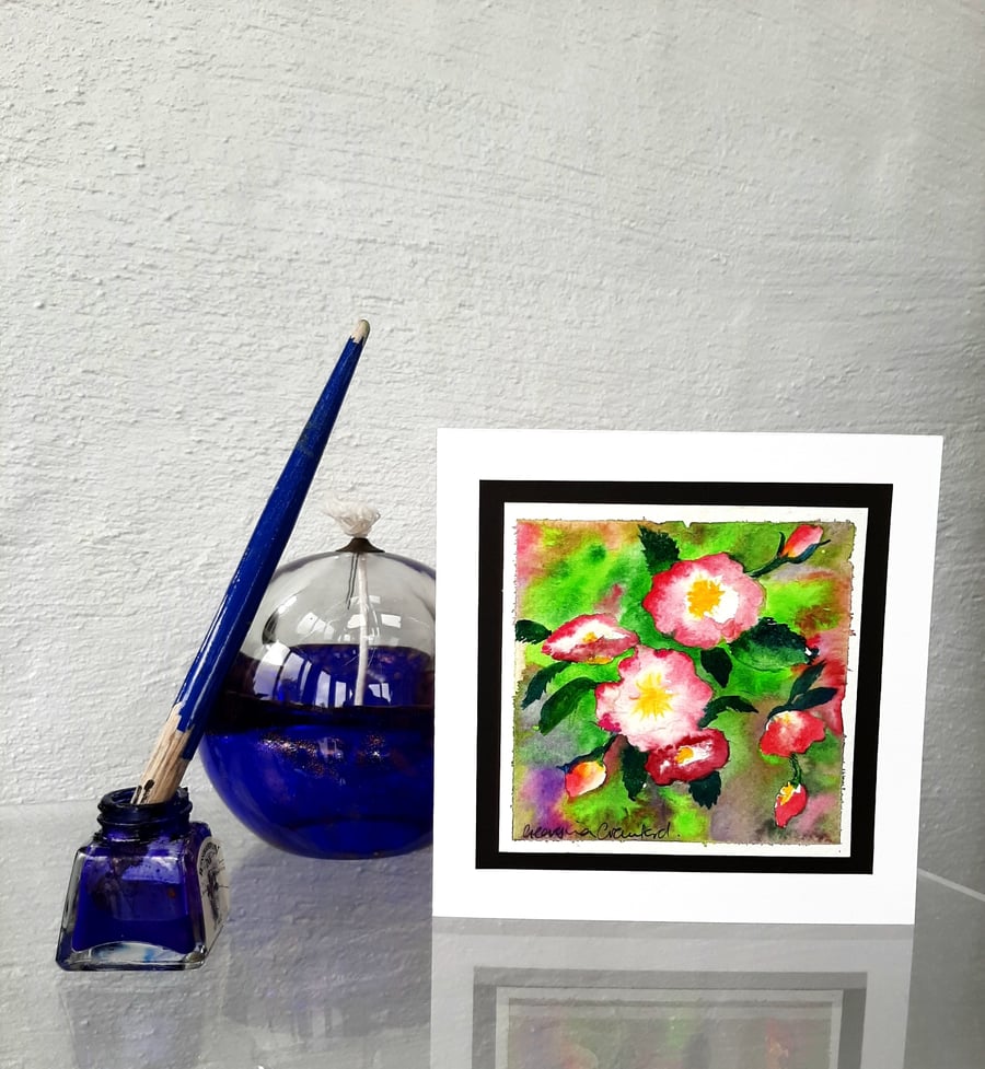 Sweet Briar. Handpainted Floral Rose Blank Greetings Card. Handmade Gift. 