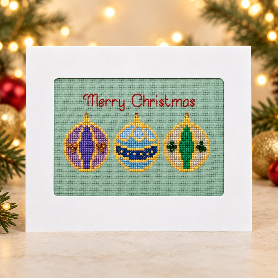 Handmade Cross-Stitch Christmas Card – Beaded Bauble Trio