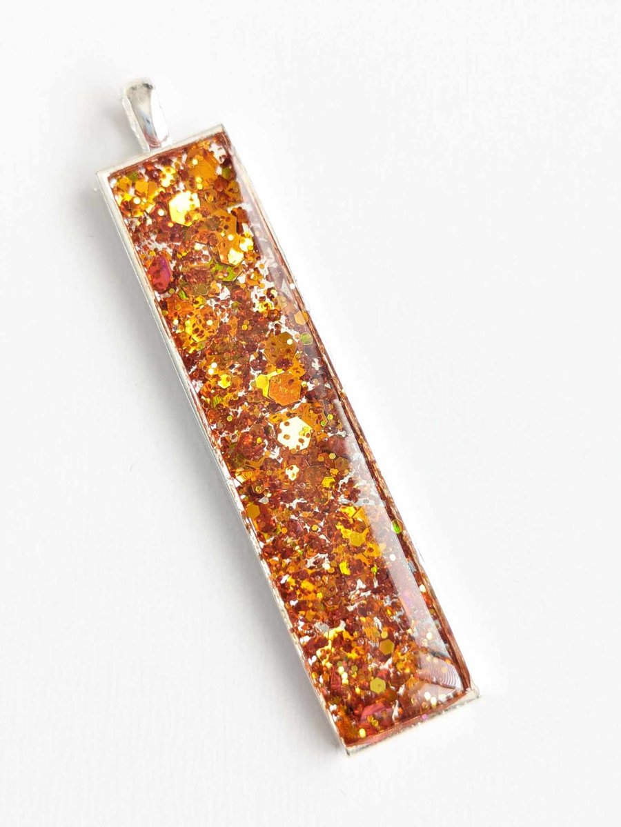 Long Rectangular Pendant With Copper Coloured Glitter