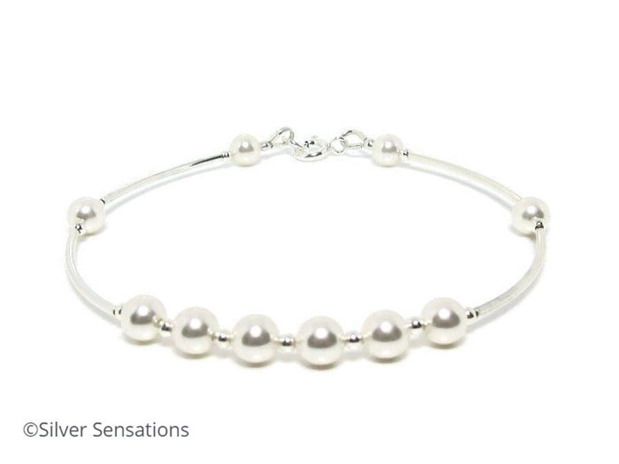 White Premium Crystal Pearls & Sterling Silver Bangle Bracelet