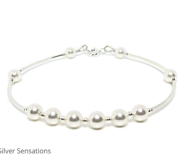 White Premium Crystal Pearls & Sterling Silver Bangle Bracelet