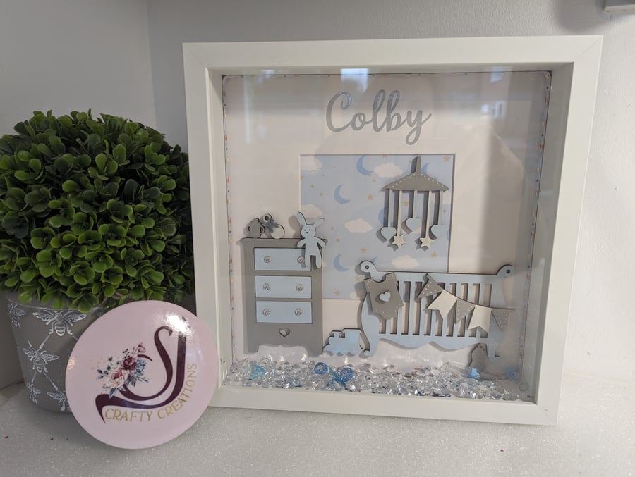 Personalised Baby Boy Box Frame, Blue Grey, Folksy