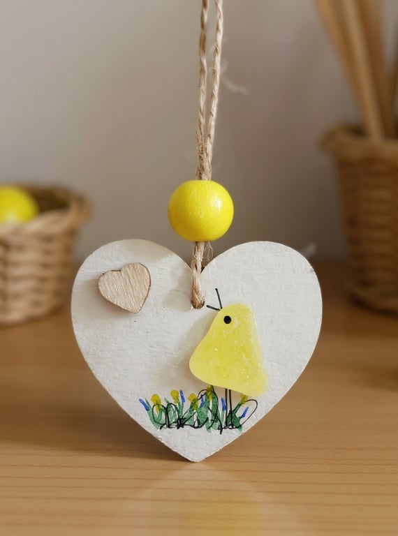 Yellow Sea Glass Bird Thank You Gift - Sea Glass Heart Chick Ornament