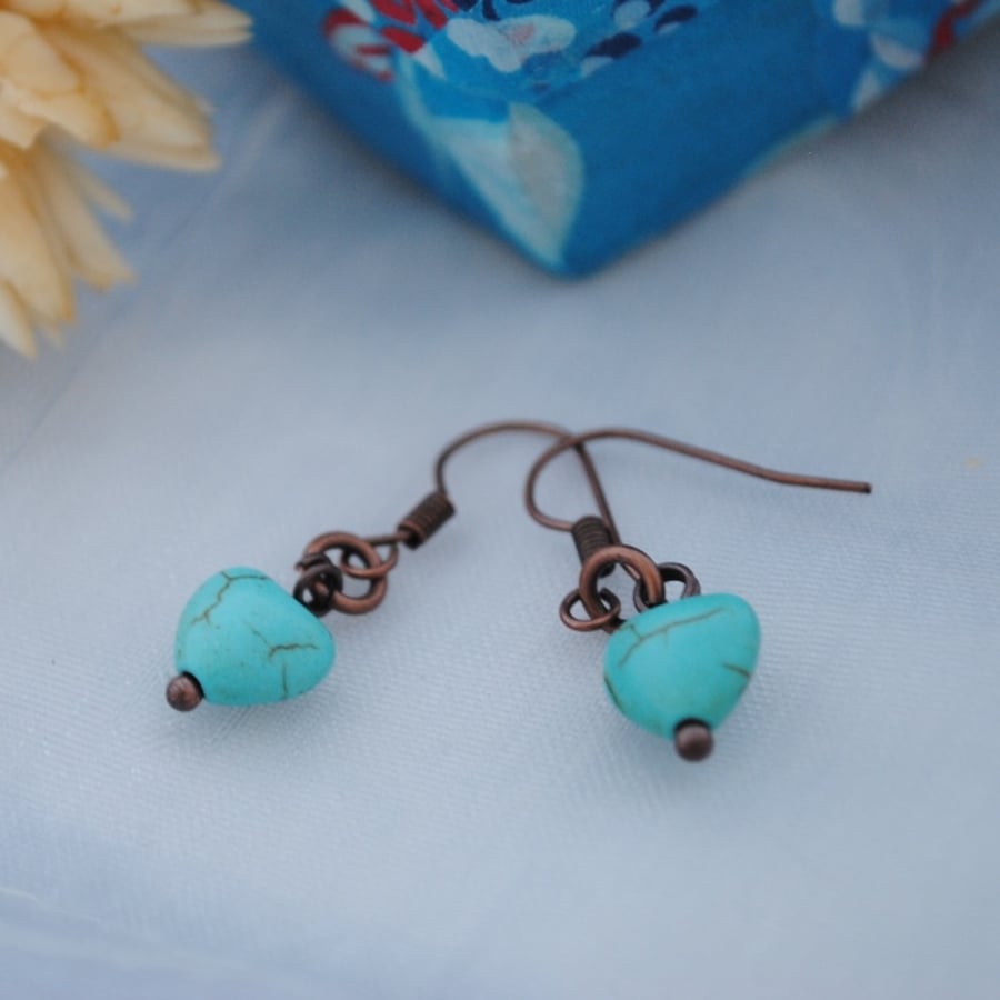 Turquoise heart copper earrings