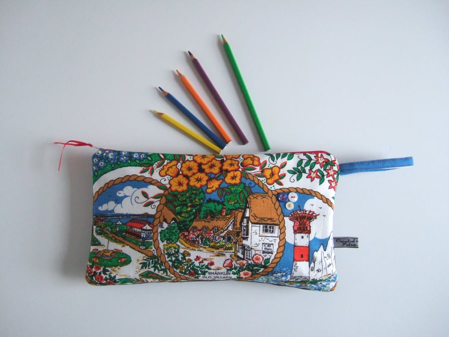 Make up bag or pencil case upcycled from  vintage Isle of Wight tea towel print.