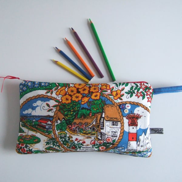 Make up bag or pencil case upcycled from  vintage Isle of Wight tea towel print.