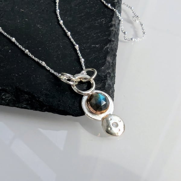 Sterling Silver and Gold Labradorite Diamond Pendant, Handmade Urban Design