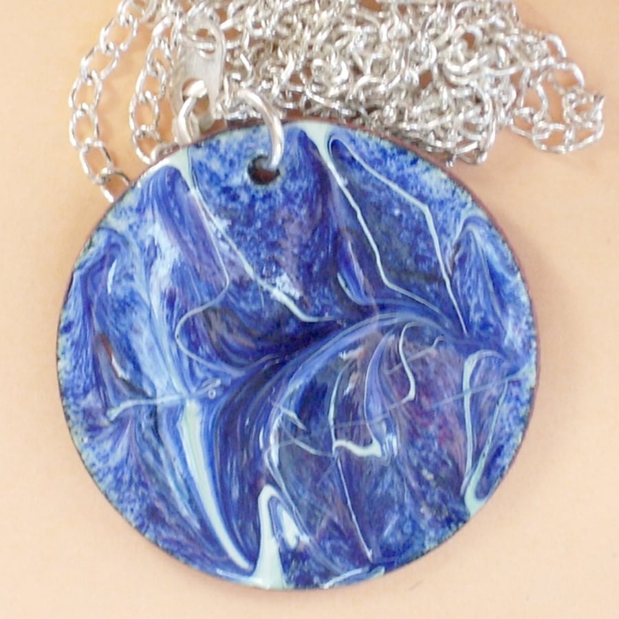 enamel pendant - scrolled blue on white