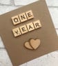 Handmade 1st Anniversary Card, Scrabble Tile & Wooden Hearts - Image 3