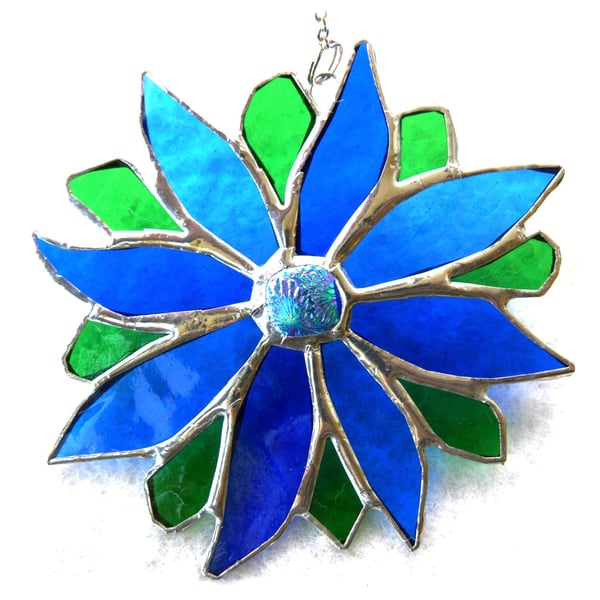 Blue Flower Stained Glass Suncatcher Green Bright