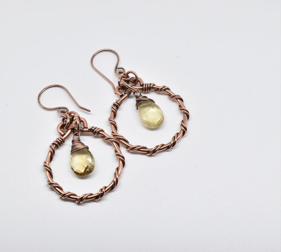 Wire Wrapped Citrine and Copper Hoop Earrings
