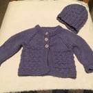 Mauve hat and cardigan 0-3 months