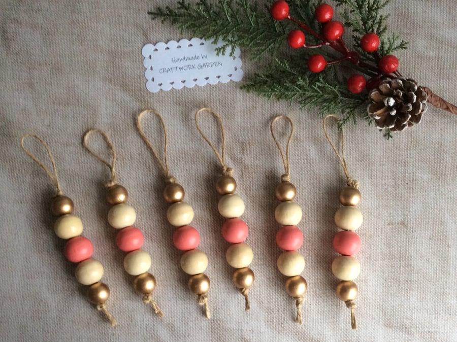 Wooden Beaded Christmas Tree Decorations Set of 6 (A)