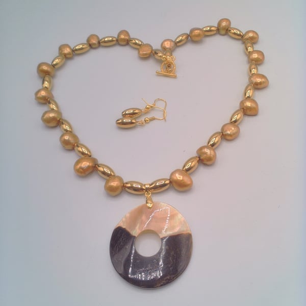 Golden Haematite and Gold Faux Pearl Necklace with Shell Pendant and Earrings
