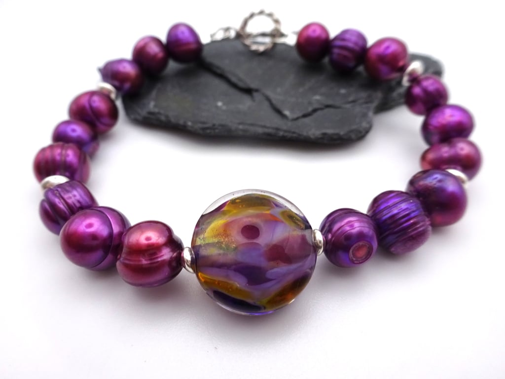 purple pearl and lampwork glass bracelet