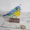 Blue Tit Sitting on a Log - Windowsill Decoration - Fused Glass - Wild Bird 