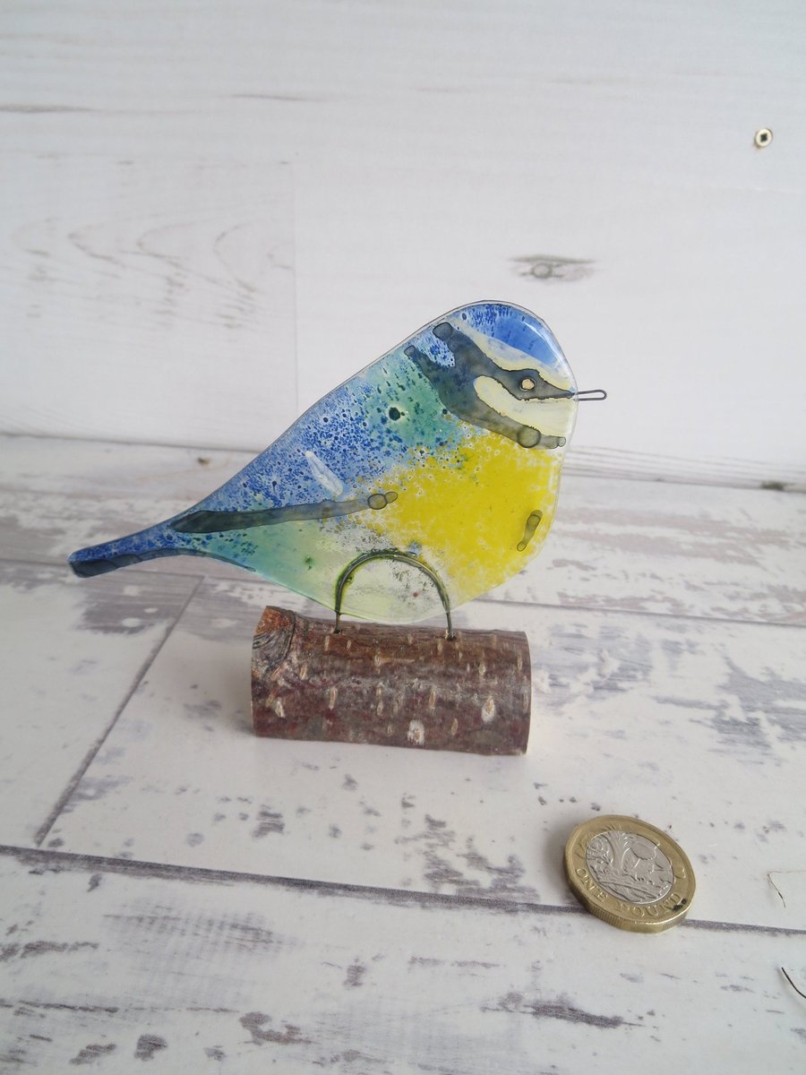 Blue Tit Sitting on a Log - Windowsill Decoration - Fused Glass - Wild Bird 