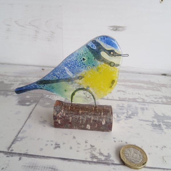 Blue Tit Sitting on a Log - Windowsill Decoration - Fused Glass - Wild Bird 