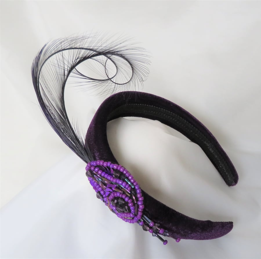 Aubergine Purple Feather Beaded Embellished Vintage Velvet Padded Headband 