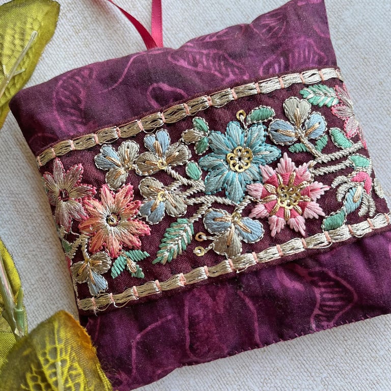A pretty batik lavender bag with embroidered floral trim, scented gift, 