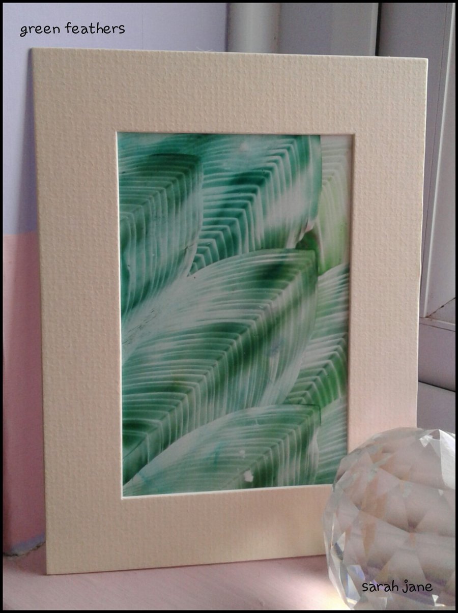 Green feathers encaustic art painting 