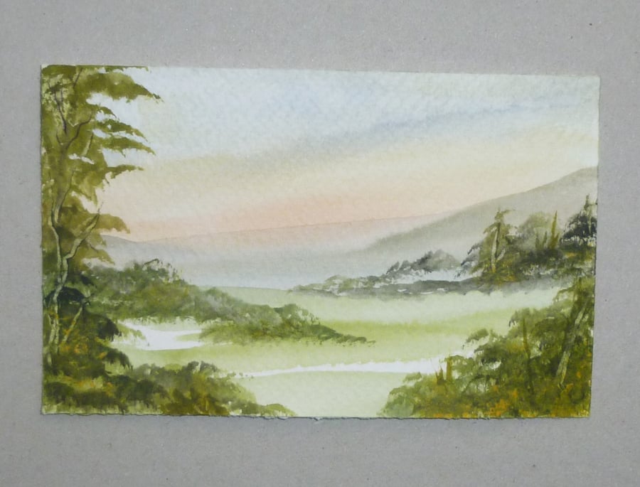 miniature watercolour landscape original art painting ( ref F 874 J5 )