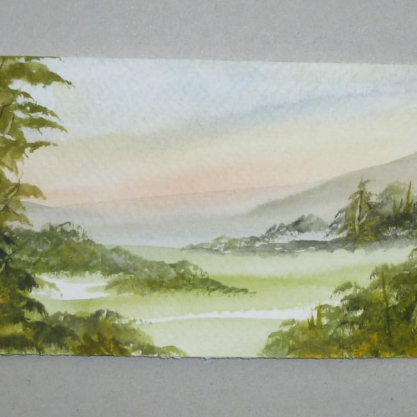 miniature watercolour landscape original art painting ( ref F 874 J5 )