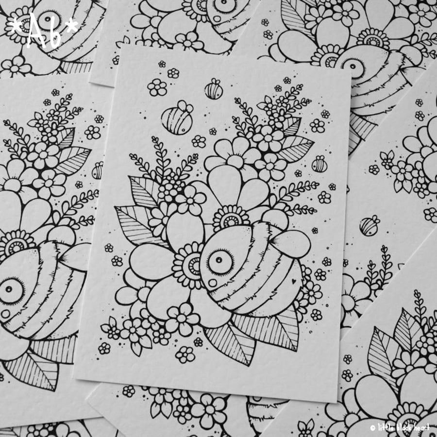 colour your own print - bee and blossom (A6)
