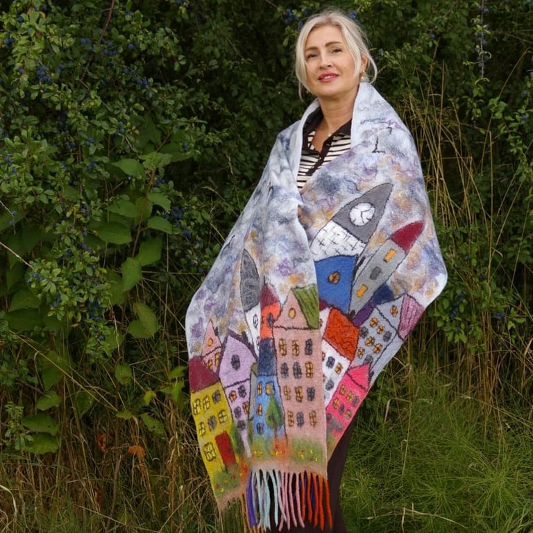 One of a Kind Nuno Felted Art Stole – Hand Felted Wool and Silk Cityscape