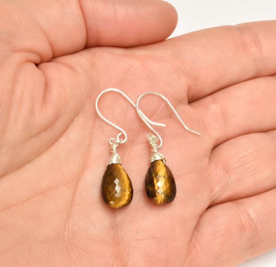 Gorgeous Tiger's Eye Sterling Silver or Gold Fill wrapped Briolette Earrings