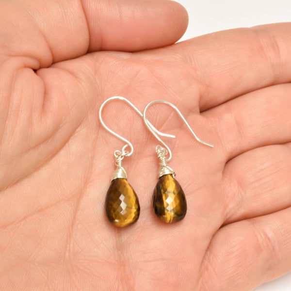 Gorgeous Tiger's Eye Sterling Silver or Gold Fill wrapped Briolette Earrings