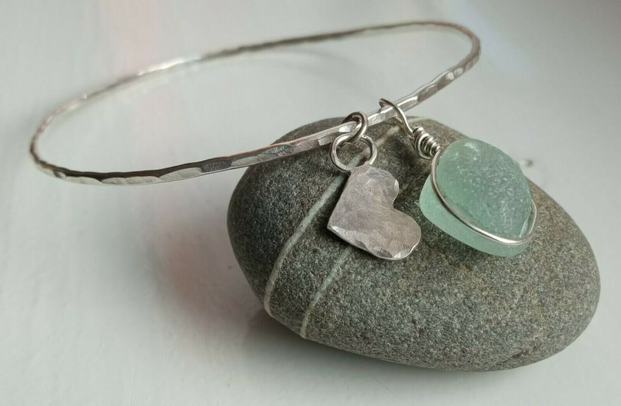 Recycled Sterling Silver Hammered Bangle with Aqua Seaglass & Heart Charms-Small