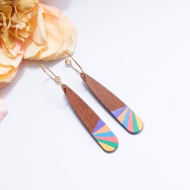 Hand Painted Wooden Rainbow Earrings, Bright Coloured Wood Teardrop Earrings