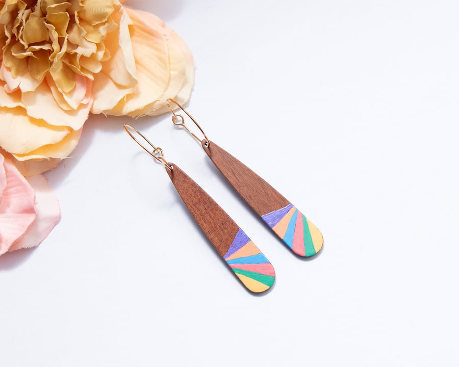 Hand Painted Wooden Rainbow Earrings, Bright Coloured Wood Teardrop Earrings