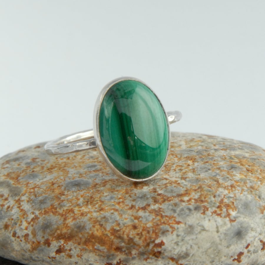 Green stripy malachite and sterling silver ring