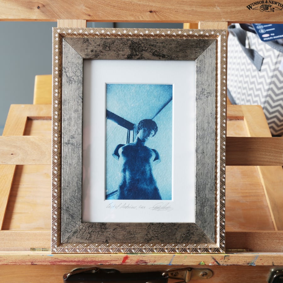 Fine art Cyanotype print, Cast of Antinous in upcycled frame
