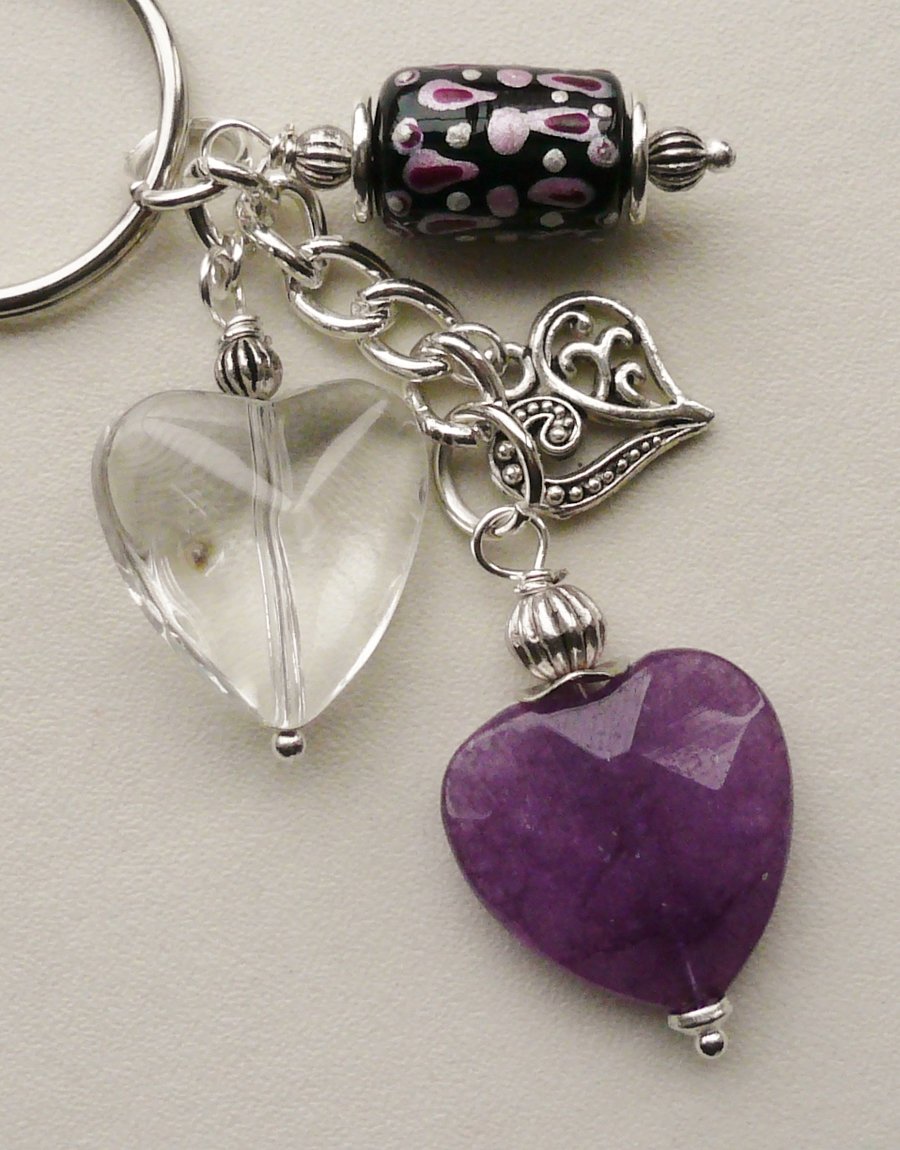 Keyring  Purple Agate Clear Glass Beaded Heart Themed  KCJ1665