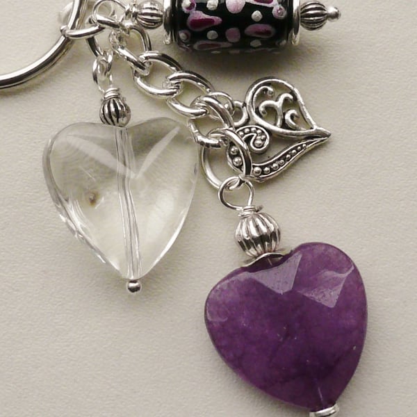 Keyring  Purple Agate Clear Glass Beaded Heart Themed  KCJ1665