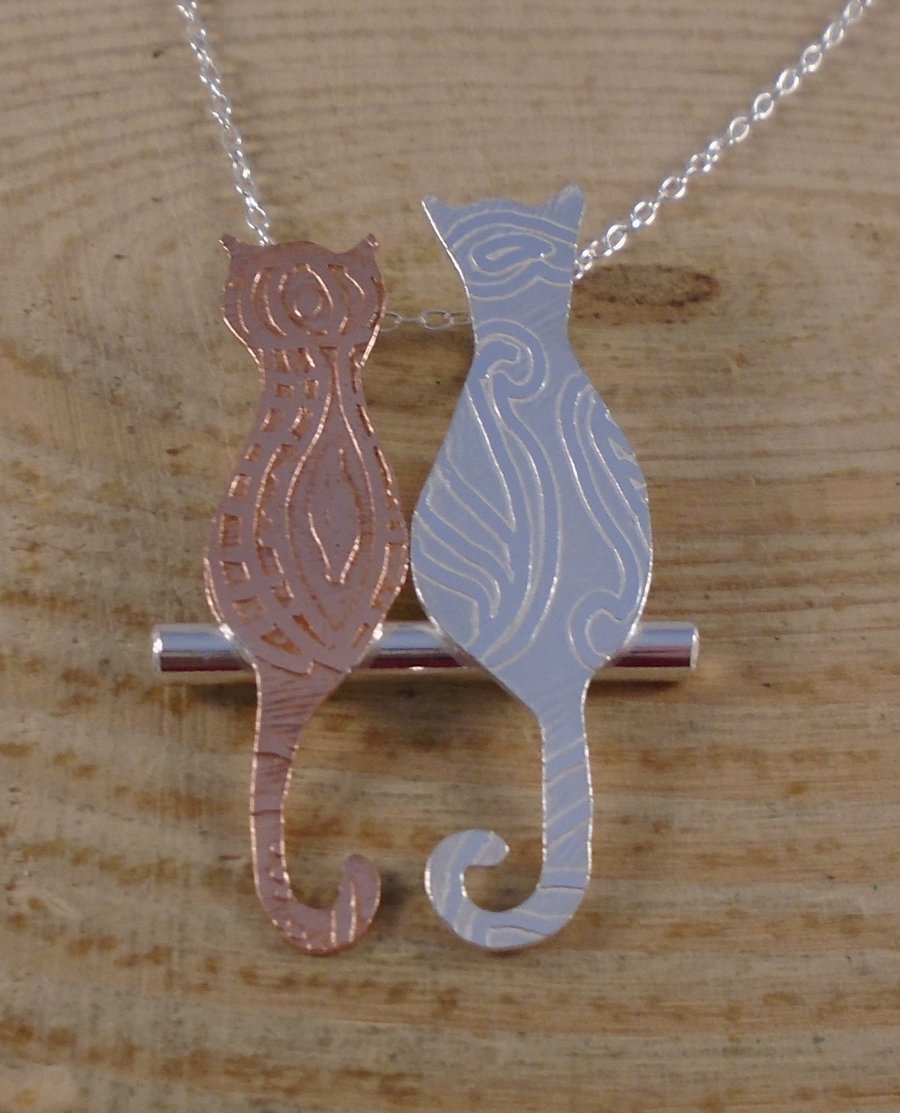 Sterling Silver and Copper Zentangle Cat Necklace
