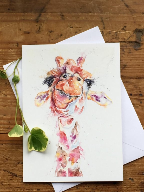 Giraffe Card, A5 blank greeting card with a watercolour giraffe painting
