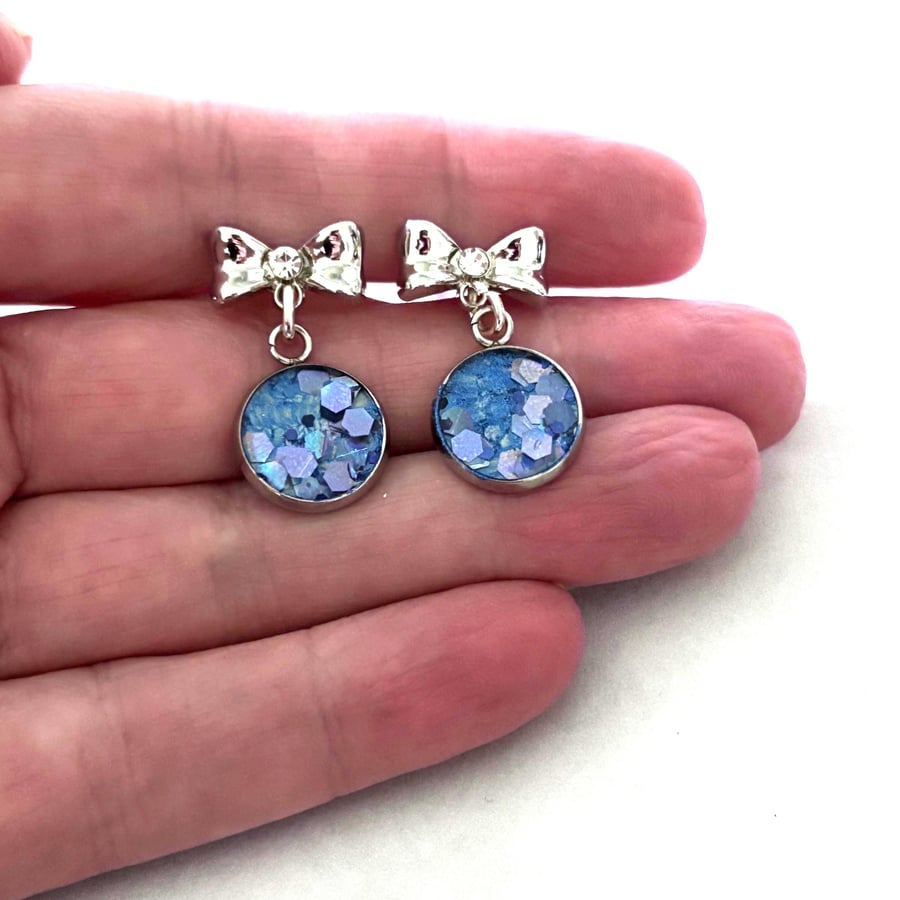 Blue Glitter Drop Earrings - 925 Silver Diamanté Bows