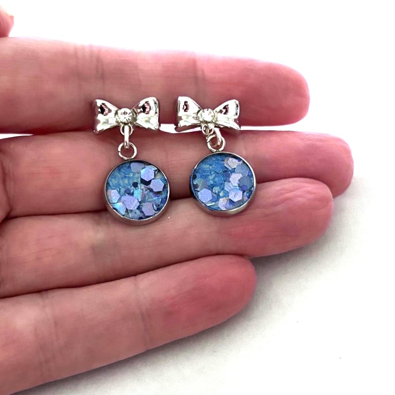 Blue Glitter Drop Earrings - 925 Silver Diamanté Bows