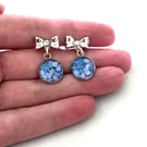 Blue Glitter Drop Earrings - 925 Silver Diamanté Bows