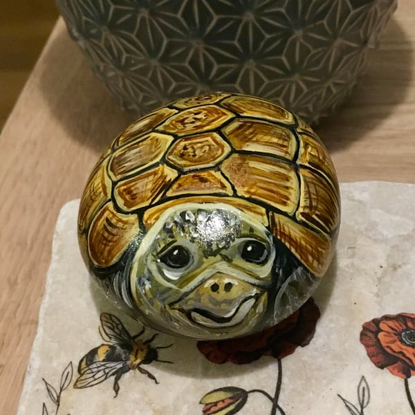 Tortoise hand painted pebble garden rock art pet stone portrait 