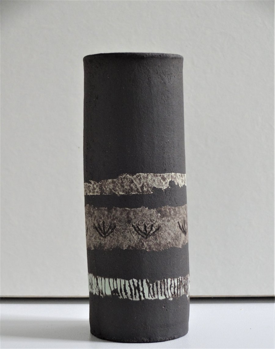 Fran. Matt black stoneware ceramic bud vase with colour bands